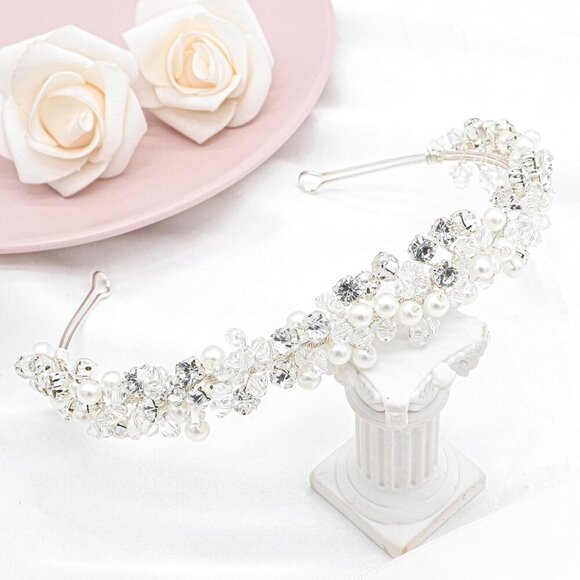 Bridal Headband Pearl Crystal Tiara for Women Wedding Hair Accessory - Picture 2 of 6